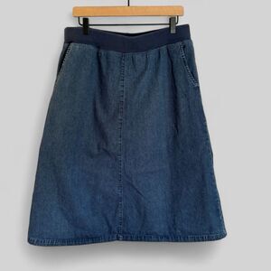 Orvis Denim Blue Midi Skirt A-Line Flare Elastic Comfort Waist  Size Large